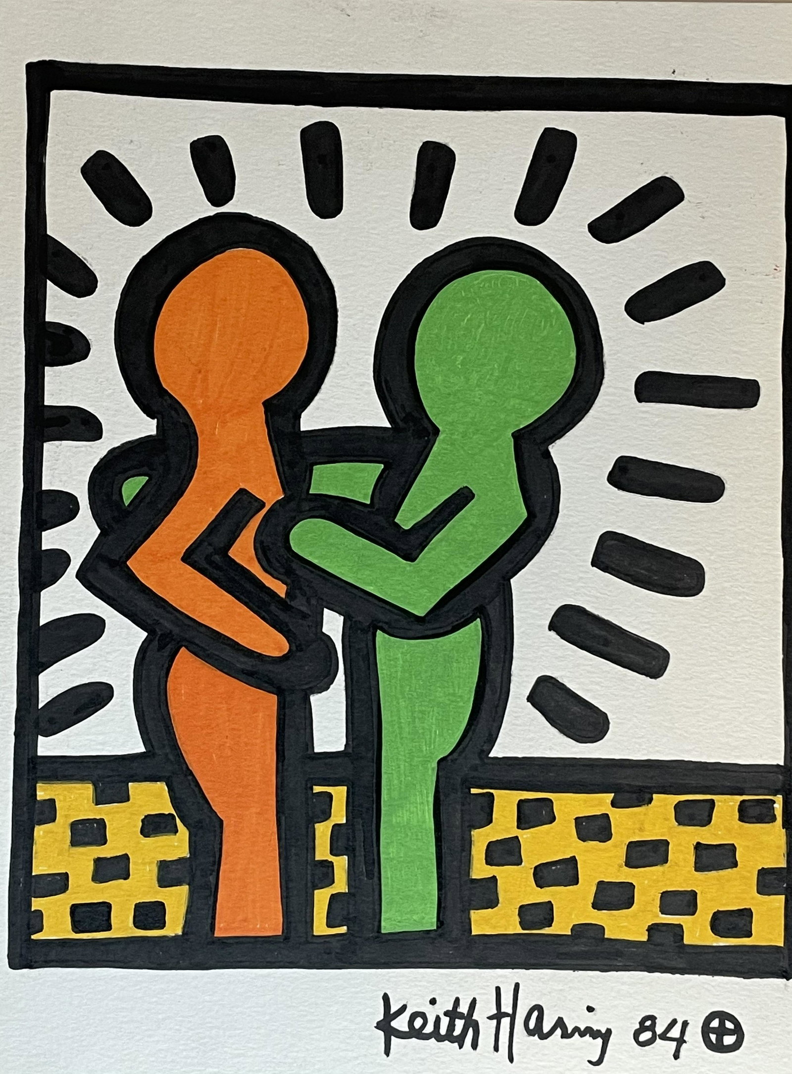 Haring Painting on Paper (In Style Of): Keith Haring Painting, Sign and Stamp on Verso Pop art on paper in the manner of the artist. Approximately Size: 33 x 25 cm (12.9 x 9.9 inches) The piece has no formal documentation or COA. Unframed. 