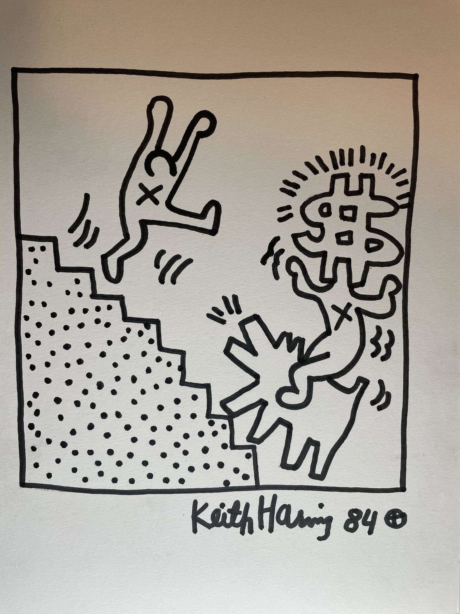 Haring- Painting on Paper (In Style Of): Keith Haring, Painting on thick paper, Sign and Stamp on Verso Pop art on paper in the manner of the artist. Approximately Size: 33 x 25 cm (12.9 x 9.9 inches) The piece has no formal documentation or