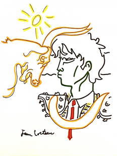 Jean Cocteau Drawing on Paper: In the style of Jean Cocteau Mixed Media Drawing on Paper. DIMENSIONS: Piece measures approximately 12'' x 9''. This item has limited provenance NY Collection. it doesnt have any documentation or