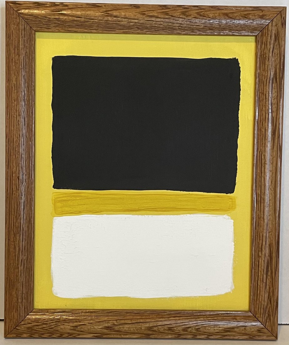 Mark Rothko -American Abstract Mixed Media on Canvas: American Abstract Mixed Media on Canvas, Mark Rothko Style Blue Black and Red Green Framed Canvas. Stamp "MARK. ROTHKO" on verso. Stretched Canvas Size: 25.4 x 20.32 cm (10 x 8 in), Frame: 30 x 25 cm