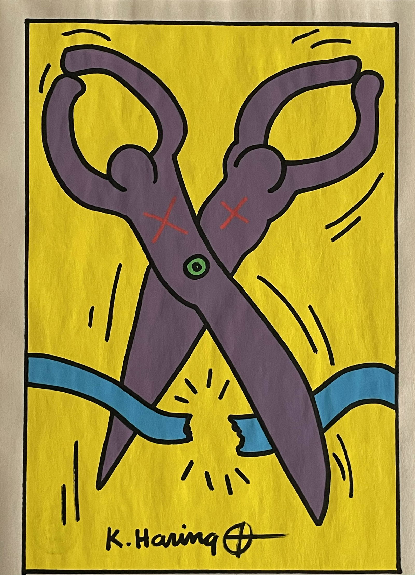 Keith Haring- Drawing and Watercolor (In Style Of): In the Style of Keith Haring- Drawing and Watercolor Painting on paper, signed artwork, Unframed, Stamp on verso. This is not a print, the drawing was acquired from a estate sale. It does not come wit