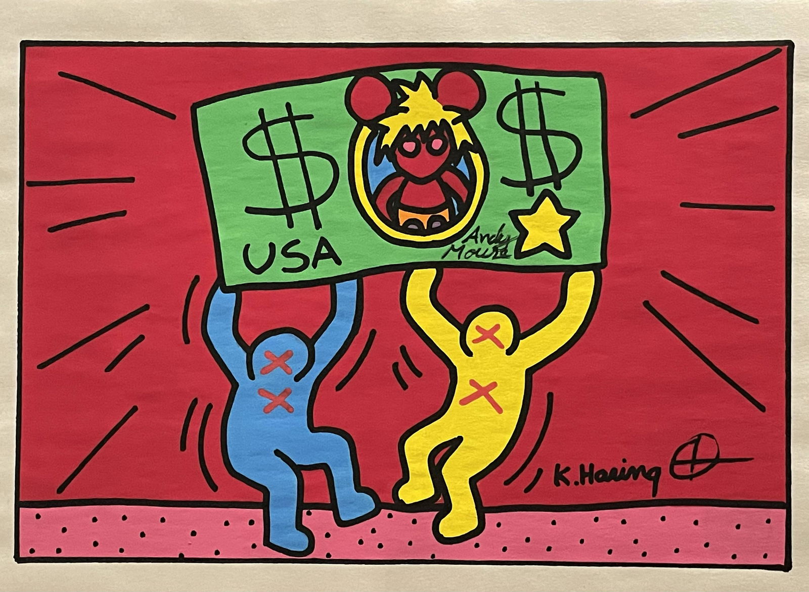 Keith Haring- Drawing and Watercolor(In Style Of): In the Style of Keith Haring- Drawing and Watercolor Painting on paper, signed artwork, Unframed. This is not a print, the drawing was acquired from a estate sale. It does not come with any paper work