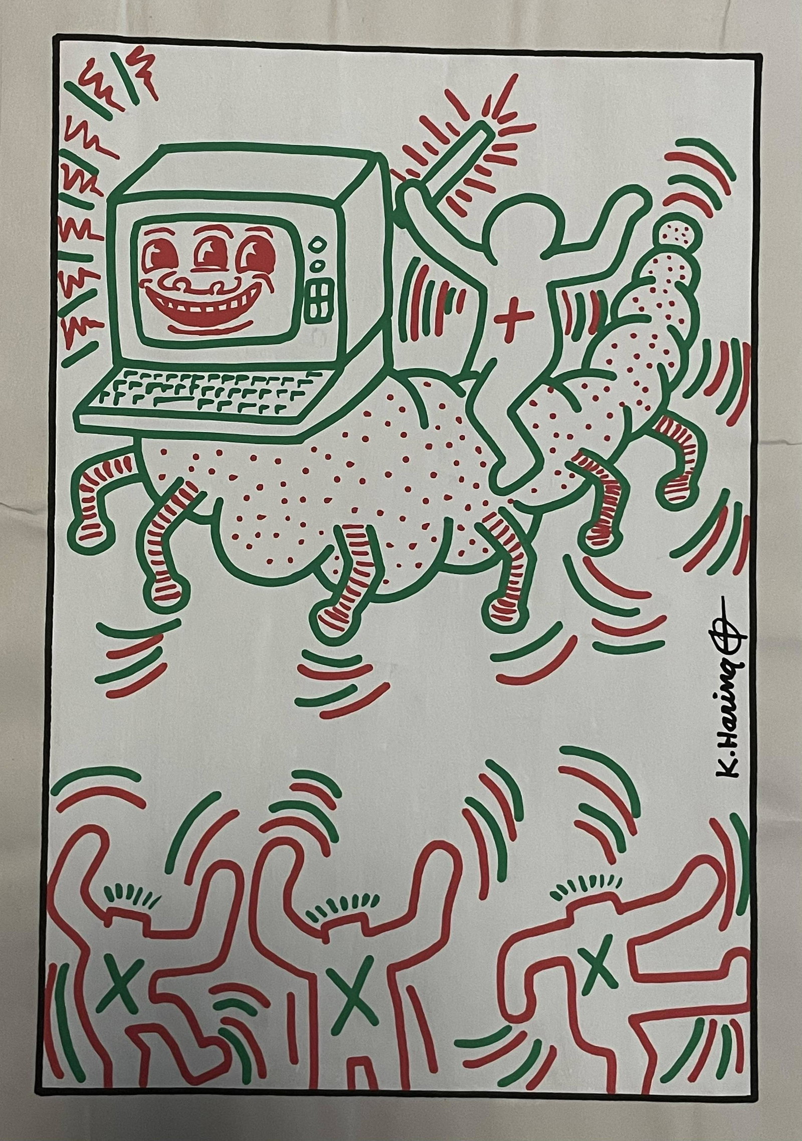 Keith Haring Drawing (In Style Of): Keith Haring Drawing (In Style Of) Sign and Stamp on Verso Pop art on paper in the manner of the artist. Approximately Size: 11.5 x 8.5 inches. The piece has no formal documentation or COA. Unframed. 