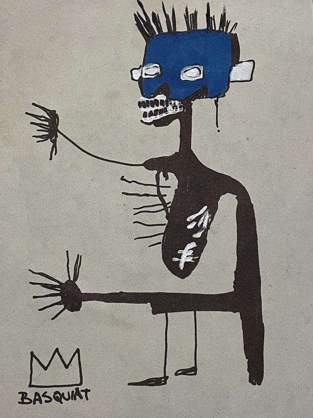 Jean-Michel Basquiat media drawing on Paper.: Jean-Michel Basquiat media drawing on Paper. Paper Size: 8X11 inches, signed & stamped on verso. This drawing does not have a Certificate of Authenticity, providence, or other documents. Sold as-is, i