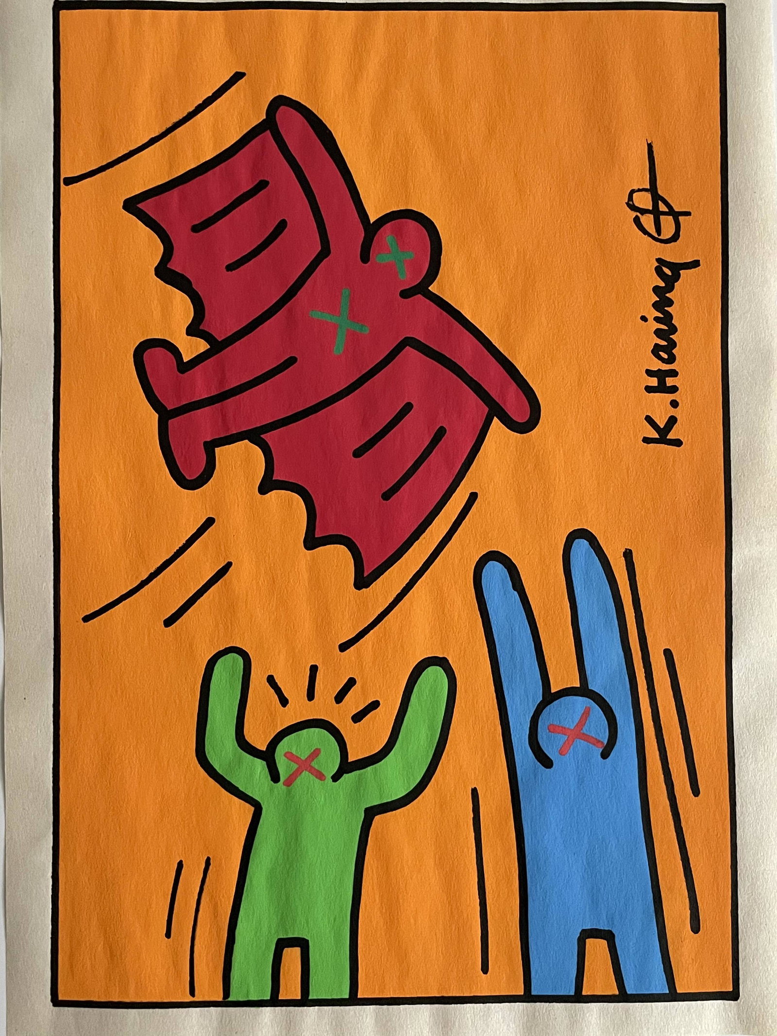 Keith Haring- Drawing and Watercolor (In Style Of): In the Style of Keith Haring- Drawing and Watercolor Painting on paper, signed artwork, Unframed, Stamp on verso. This is not a print, the drawing was acquired from a estate sale. It does not come wit