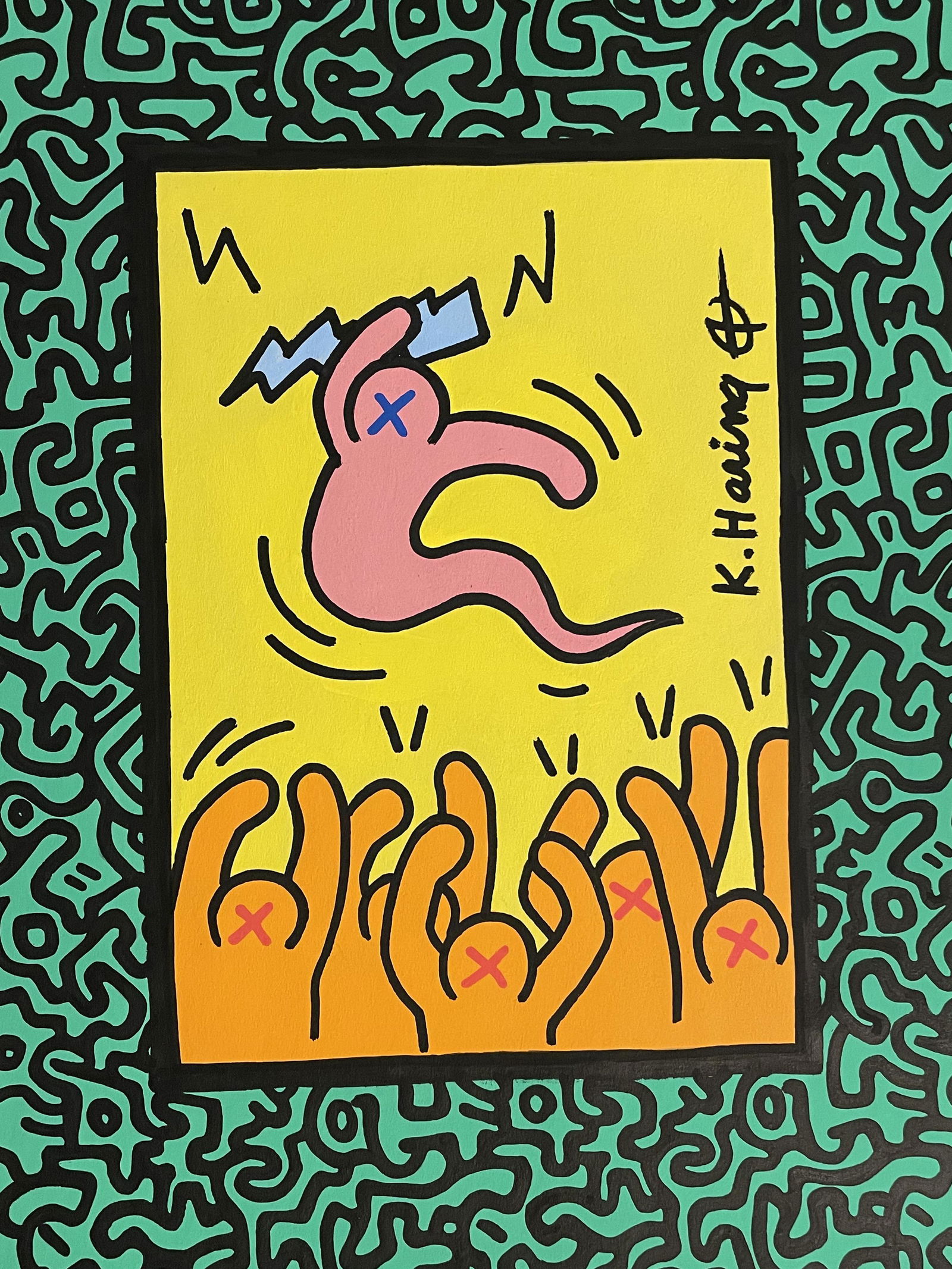 Keith Haring Drawing Pop Art and Watercolor (In Style): In the Style of Keith Haring- Drawing and Watercolor Painting on paper, signed artwork, Unframed. This is not a print, the drawing was acquired from a estate sale. It does not come with any paper work
