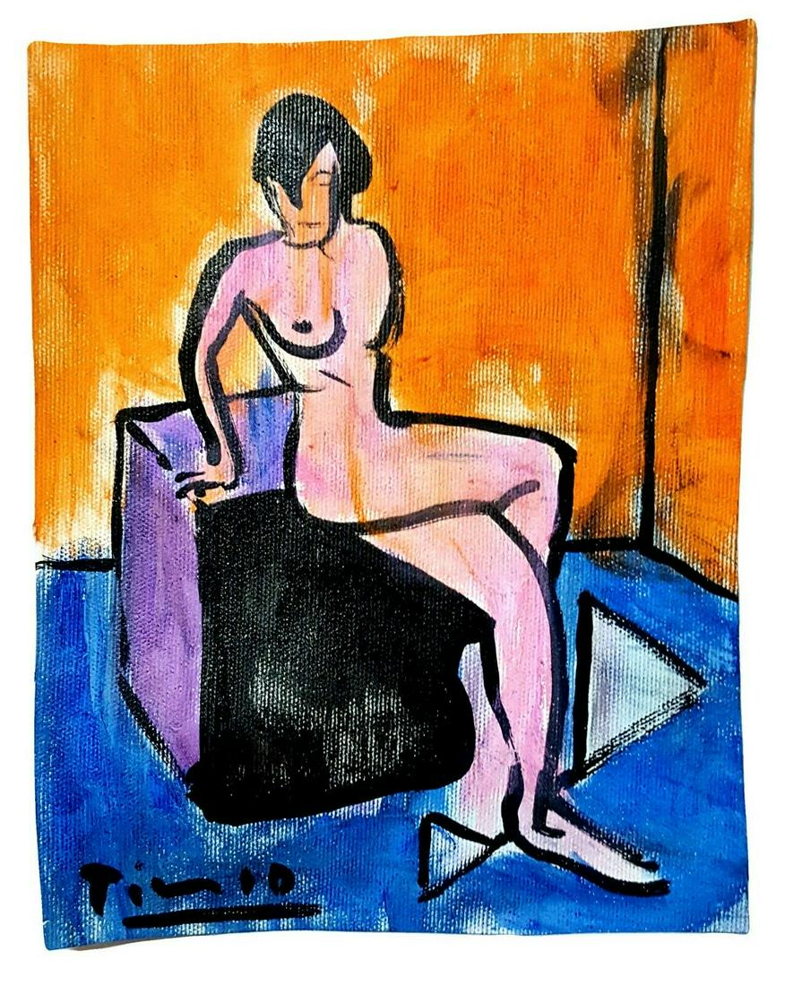 Pablo Picasso Vintage Painting on Canvas: Pablo Picasso (in the manner of) Vintage Painting on canvas (Unframed) hand-signed. Size approx: 30.5cm x22.7cm. NO COA