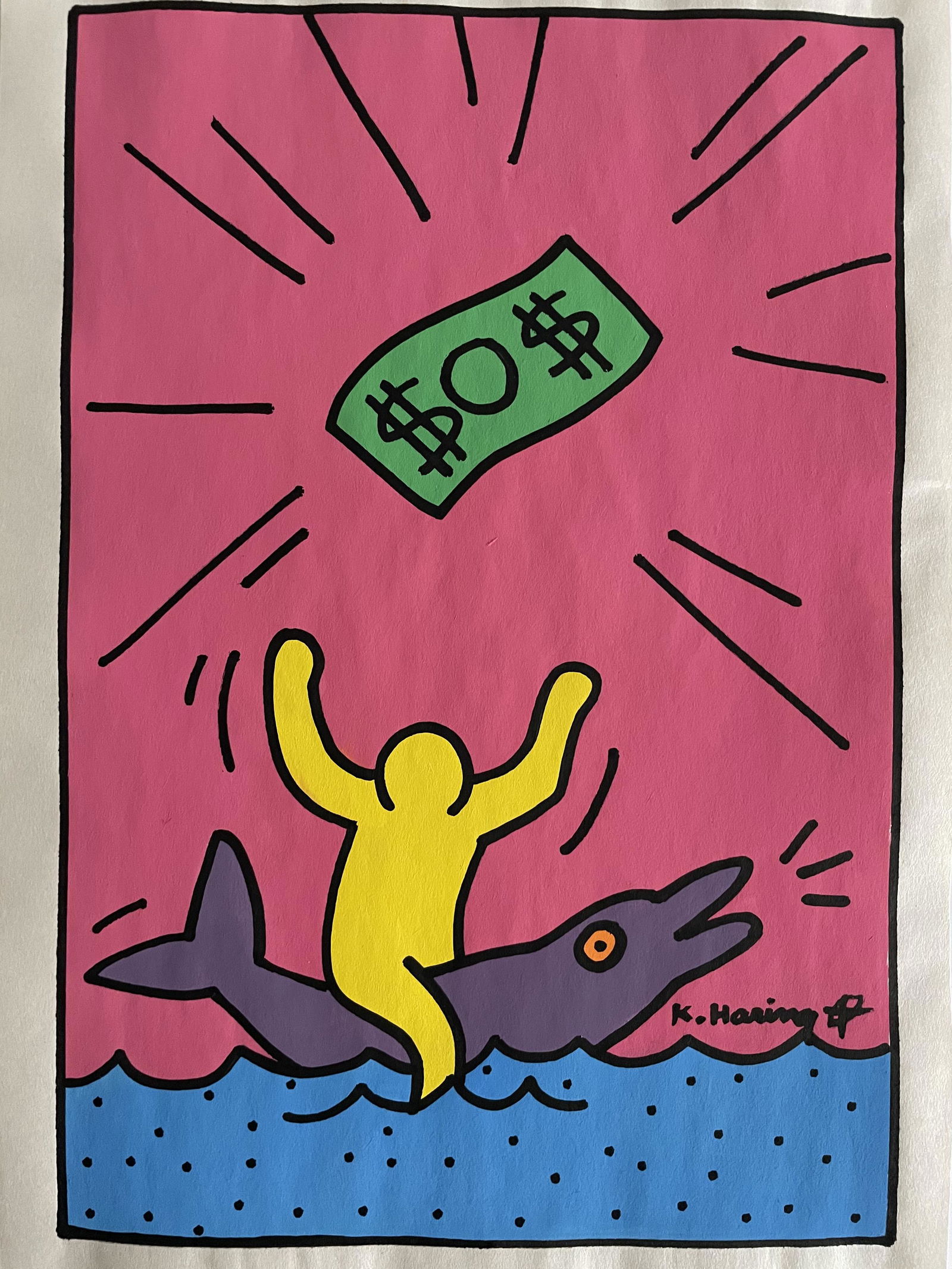 Keith Haring- Drawing and Watercolor: In the Style of Keith Haring- Drawing and Watercolor Painting on paper, signed artwork, Unframed. This is not print, the drawing was acquired from an estate sale. It does not come with any paperwork t