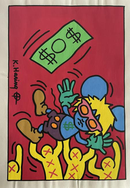 Keith Haring- Drawing and Watercolor Painting on paper: In the Style of Keith Haring- Drawing and Watercolor Painting on paper, signed artwork, Unframed. This is not a print, the drawing was acquired from an estate sale. It does not come with any paperwork