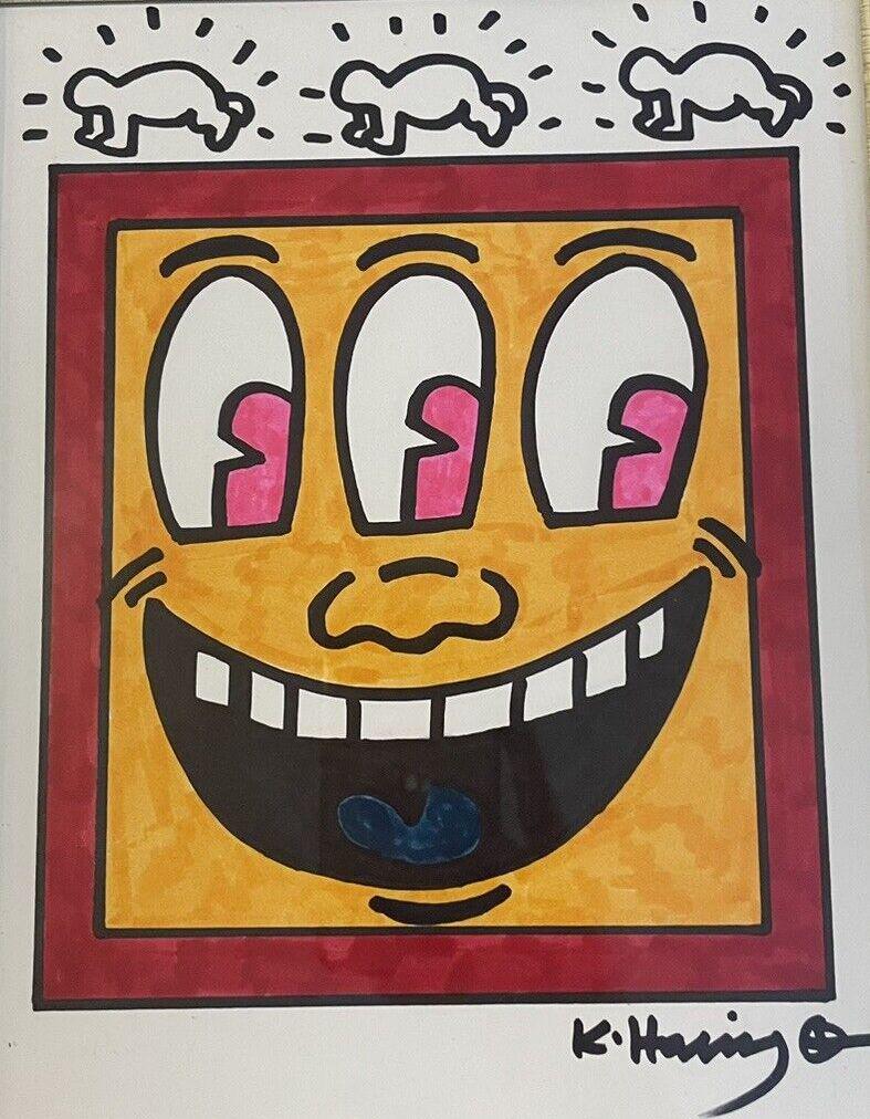 Keith Haring inspired drawing on old paper: Keith Haring inspired drawing on old paper. Approximately 8.5 x 11 inches. Stamp on verso. The drawing is being sold as in, in the style and manner inspired by artist Keith Haring