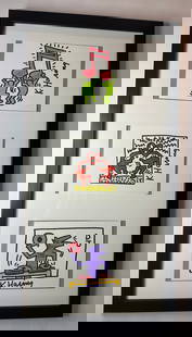 Keith Haring Drawing, Pop Art: Keith Haring Drawing, Sign, and Stamp on Verso Pop Art on thick paper. Image Approximately Size: 6 x 4 inches. Frame Measures: 28x 11.5 inches. Private Collector, NY. This Drawing does not carry estab