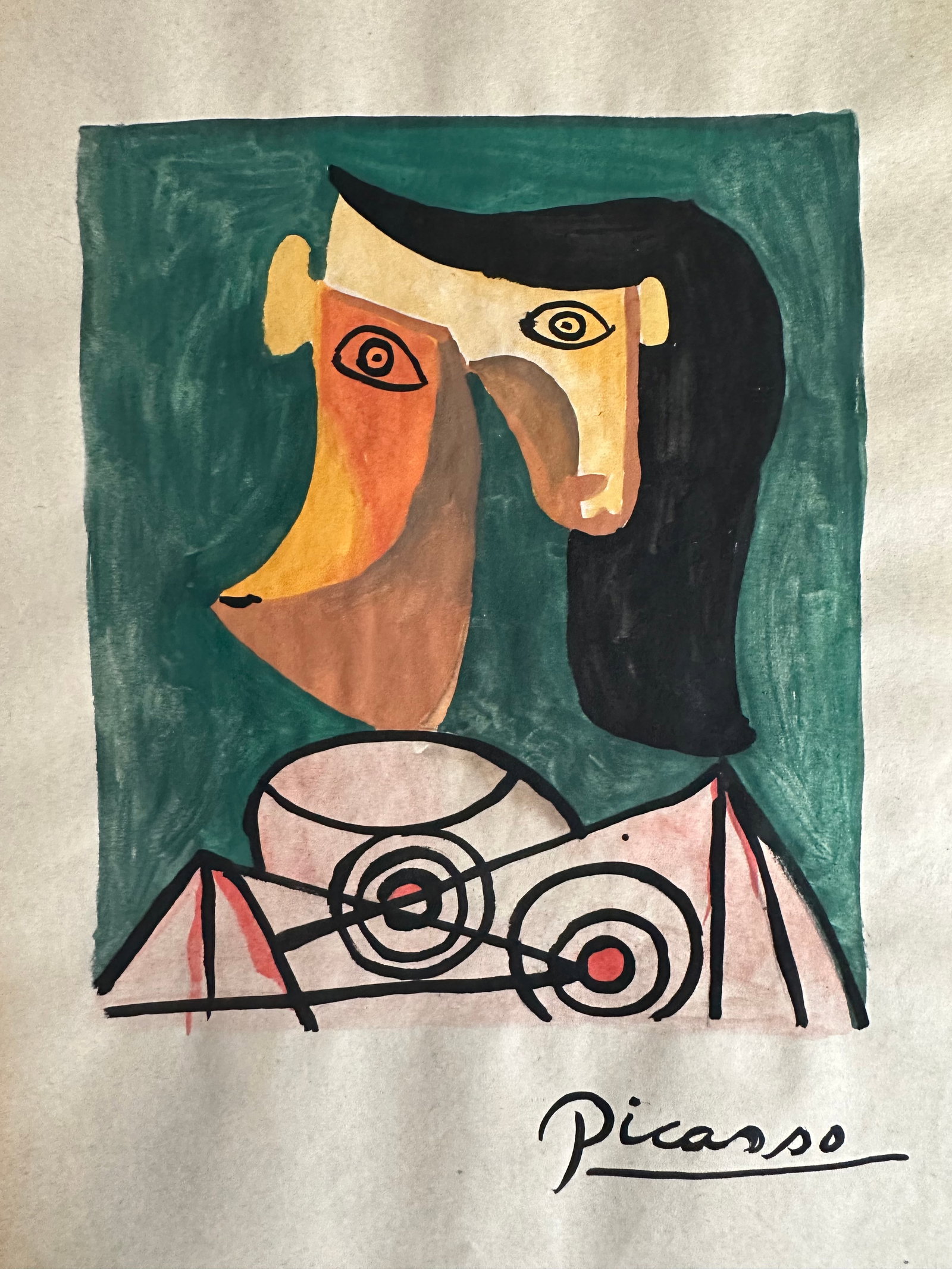 PABLO PICASSO WATERCOLOR DRAWING ON PAPER: PABLO PICASSO WATERCOLOR DRAWING ON PAPER SIGNED AND SEALED STAMPED. Size Unframed. Size Approx.: 13 x 8 1/2 inches. The drawing is being sold after and in the style or manner of the artist. The piece