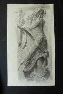 19th-century Drawing: The drawing, executed in charcoal on 19th-century laid watermarked paper, shows a study of low gothic relief, depicting Moses offering the Stone Tablets (Exodus 31:18). Authorship: the drawing is from