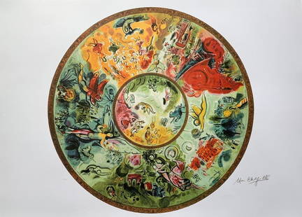 Marc Chagall Lithograph Art: Marc Chagall Lithograph Art. This piece is facsimile signed,Pencil numbered from a limited edition of 500. The image measures 23" in diameter" on 25" x 35" paper.