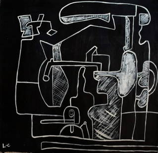 Abstract Acrylic Canvas -Signed L-C (Le Corbusier), 20th Century Modern Art: Abstract Acrylic Canvas -Signed L-C (Le Corbusier), 20th Century Modern Art. SIZE APPROX. 53 by 40 cm. No COA, no supporting papers, sold "in the manner of".