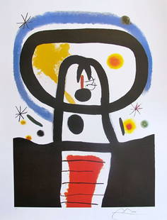 Joan Miro -Print: Joan Miro- Signed & Numbered Print. This piece is a facsimile signed on the lower right. Pencil numbered from an edition of 500. The paper measures 34" x 26". Made of thick quality paper.