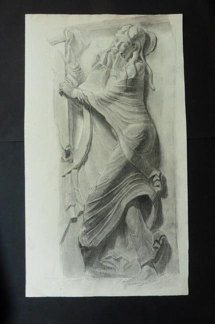 19th-century Drawing: The drawing, executed in charcoal on 19th-century laid watermarked paper, shows a study of low gothic relief, depicting Moses offering the Stone Tablets (Exodus 31:18). Authorship: the drawing is from
