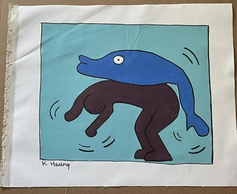 Vintage Abstract Painting on Canvas signed K. Haring