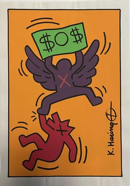 Keith Haring Mixed Media on paper: Keith Haring Drawing In Style Of. Sign and Stamp Verso Pop art on paper in the manner of the artist. Approximately Size: 11.5 x 8.5 inches. The piece has no formal documentation or COA. Unframed. Prov