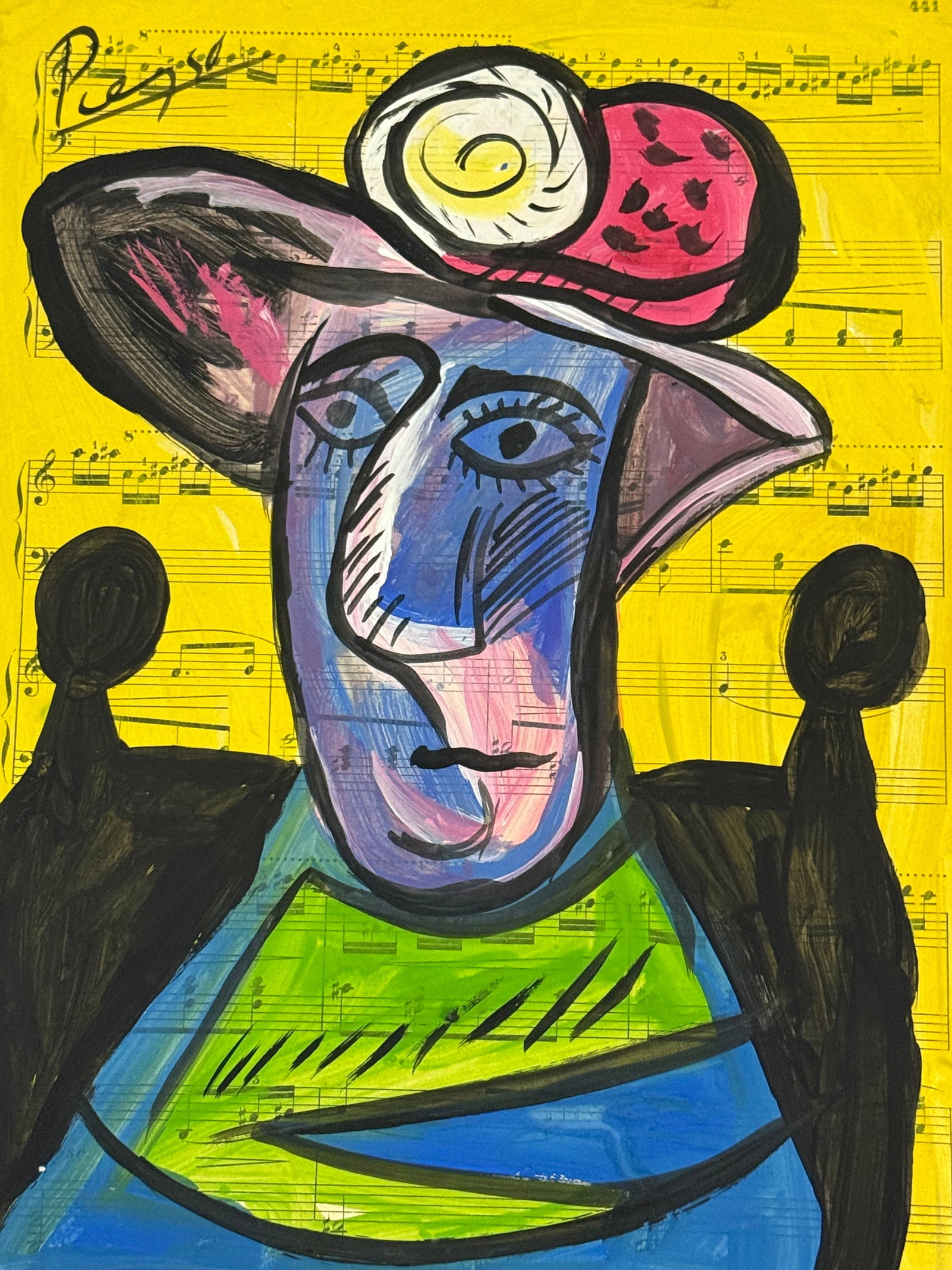 PABLO PICASSO Mixed Media on Paper: PABLO PICASSO WATERCOLOR DRAWING ON PAPER, SIGNED AND SEALED STAMPED. Size Unframed. Size Approx.: 13 x 8 1/2 inches. The drawing is being sold after and in the style or manner of the artist. The piec