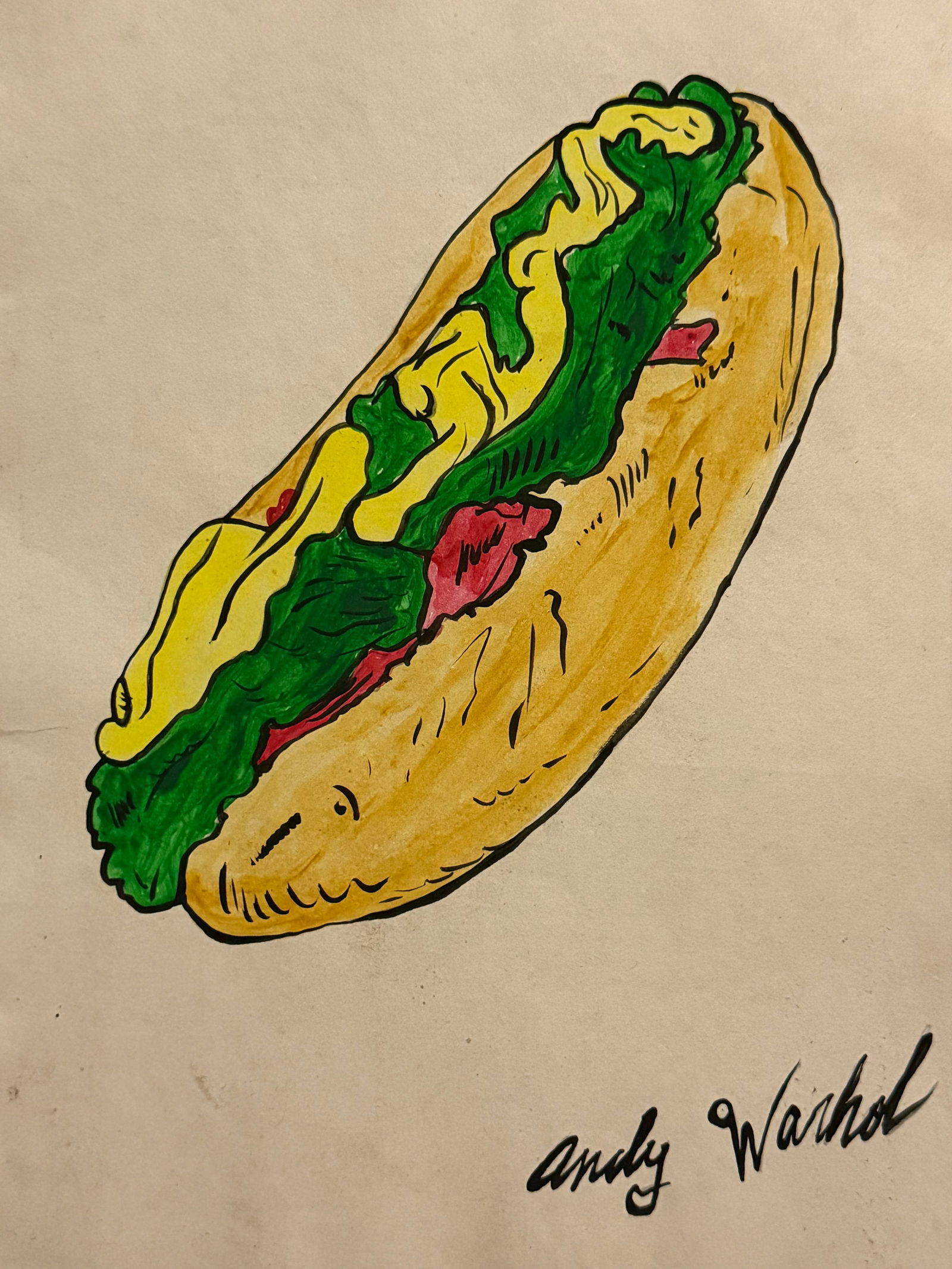 Signed Andy Warhol Mixed Media on Paper: Signed Andy Warhol Mixed Media on Paper, Stamp on verso inscribed Authorized by the Andy Warhol Foundation. Size Approx Size: 11 3/4 x 8 1/2 inches. NY Collector. No COA or Documents. Sold as is to th