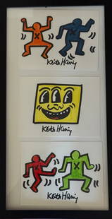 Keith Haring Drawing, Sign, and Stamp on Verso Pop Art: Keith Haring Drawing, Sign, and Stamp on Verso Pop Art on thick paper. Image Approximately Size: 6 x 4 inches. Frame Measures: 28x 11.5 inches. Private Collector, NY. This Drawing does not carry estab