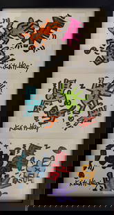 Keith Haring Drawing Pop Art: Keith Haring Drawing, Sign, and Stamp on Verso Pop Art on thick paper. Image Approximately Size: 6 x 4 inches. Frame Measures: 28x 11.5 inches. Private Collector, NY. This Drawing does not carry estab