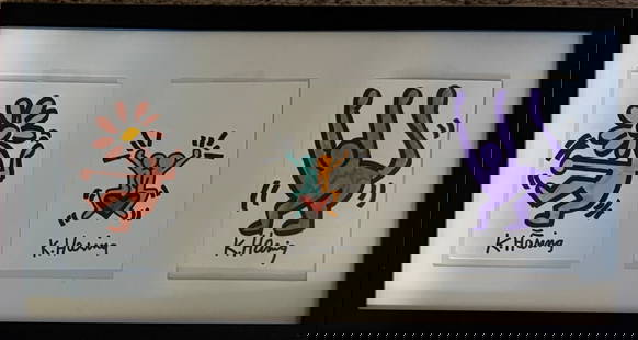 Keith Haring Drawing Pop Art on thick paper: Keith Haring Drawing, Sign, and Stamp on Verso Pop Art on thick paper. Image Approximately Size: 6 x 4 inches. Frame Measures: 28x 11.5 inches. Private Collector, NY. This Drawing does not carry estab