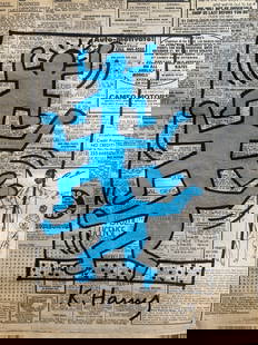 Keith Haring Newspaper Drawing: Keith Haring Newspaper - Keith Haring - Untitled, 1980s drawing on a newspaper page. A stamp certificate on the back is an intriguing piece of Keith Haring's iconic newspaper marker art.