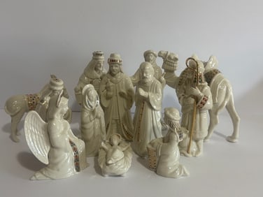 Vintage Lenox China Jewels Nativity Set Gold Filigree Blue & Red Enamel 13 Piece