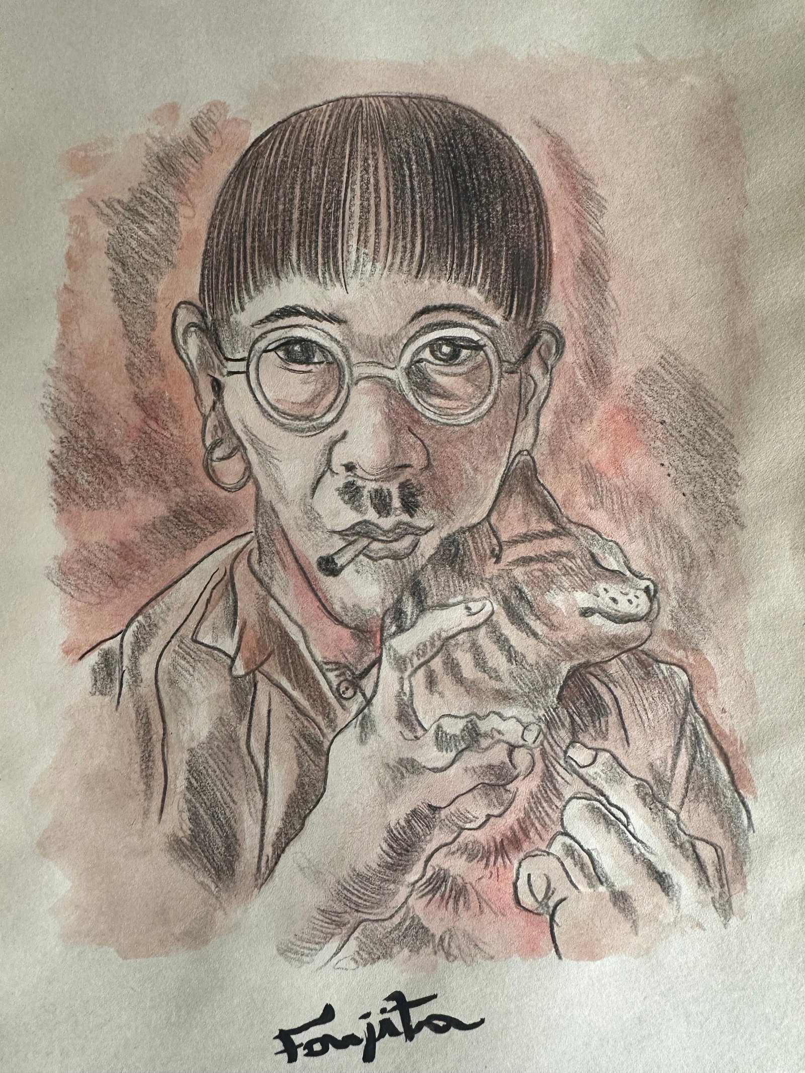 TSUGUHARU FOUJITA Mixed Media on Paper: TSUGUHARU FOUJITA Mixed Media on Paper. Approx Size: 11 3/4 x 8 1/2 inches. NY Collector. No COA or Documents. Sold as is to the manner or style of the artist.