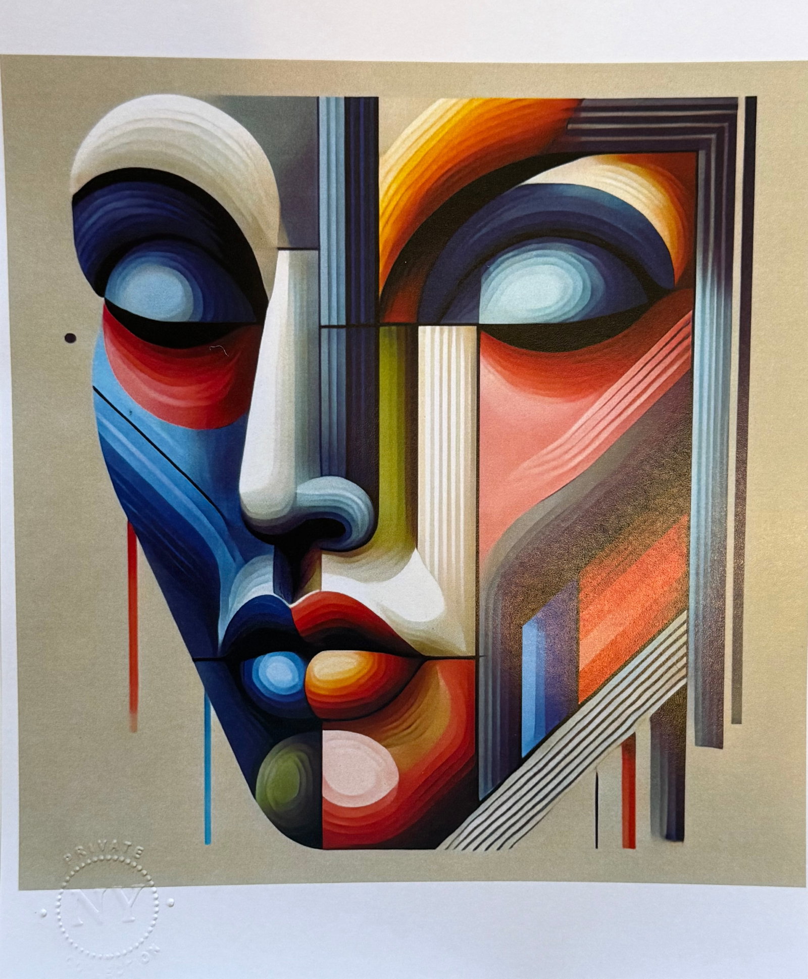 Abstract Modern Face Portrait Print: Abstract Modern Face Portrait Print, Seal Stamp, NY Collection. Size:8 x 10 inches.