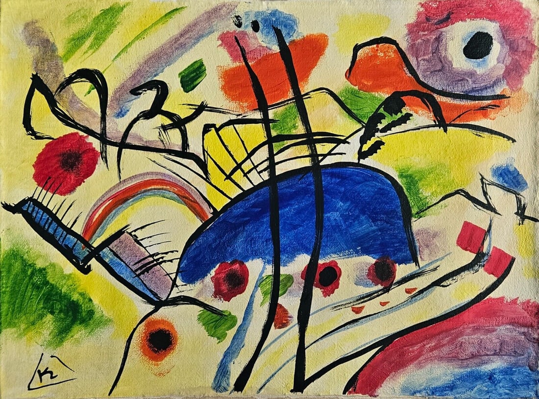 Abstract Acrylic on Canvas - Kandinsky: Abstract Acrylic on Canvas - Kandinsky - Size Approximately: 40 by 54 centimeters. No COA, no supporting papers, sold "in the manner of" the artist.Condition ReportRelatively excellent condition, with