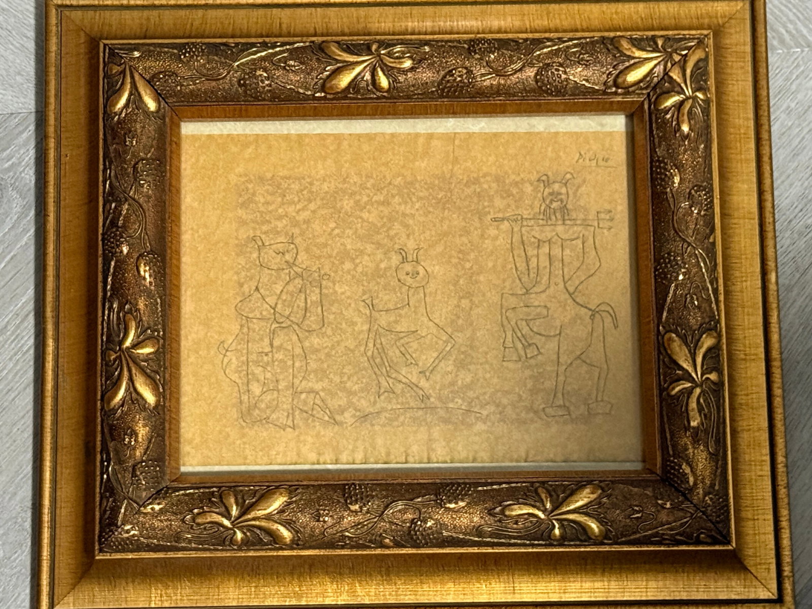 Pablo Picasso, Drawing on Old Parchment Paper: Pablo Picasso, Drawing on Old Parchment Paper. Frame Measures Approx. 15L X 13W. Private Collector, NY. This drawing does not carry established documents, nor is any record of auction history describe