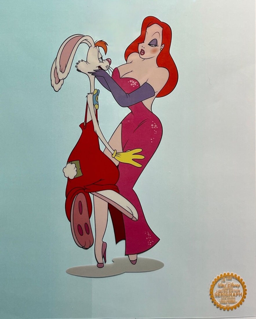 Disney limited-edition serigraph featuring Jessica and Roger Rabbit: This is a Disney limited-edition serigraph cel featuring Jessica and Roger Rabbit.Selected by Disney’s own artists, this scene is inspired by the original animation drawings from the iconic 1988