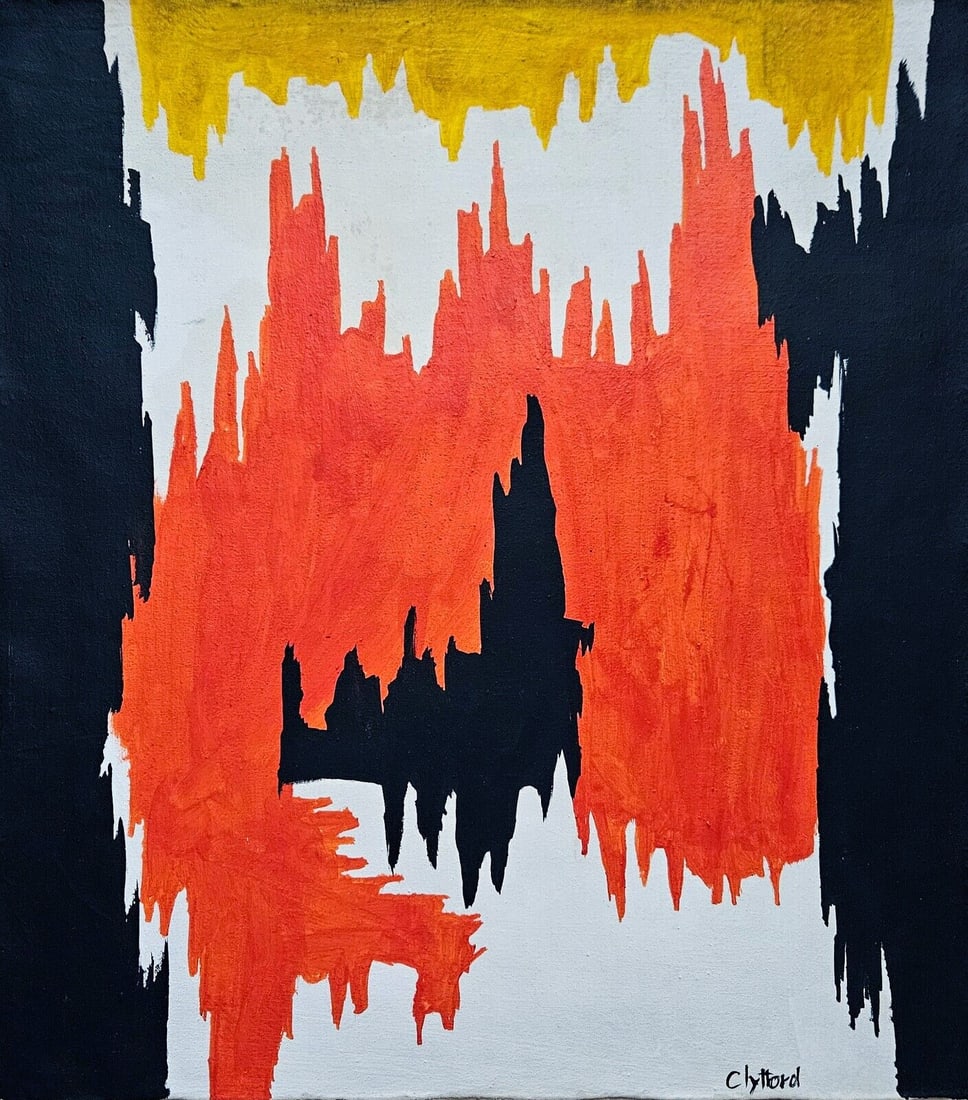 Abstract Acrylic Canvas, signed Clifford Still: Abstract Acrylic Canvas, vintage abstract painting on canvas, signed Clifford Still, approximately 47 by 41 centimeters. The work was executed by an unknown hand but designed deliberately to emulate t