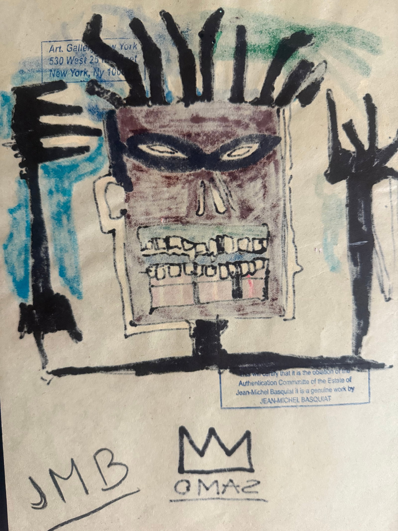 Mixed Media Basquiat on Paper: Mixed Media Basquiat on Paper. Stamp on verso. Size Framed Approx. 15X11 1/2. Paper Size Approx.: 13 x 8 1/2 inches. The drawing is being sold in the style of the artist. The piece has no formal docum