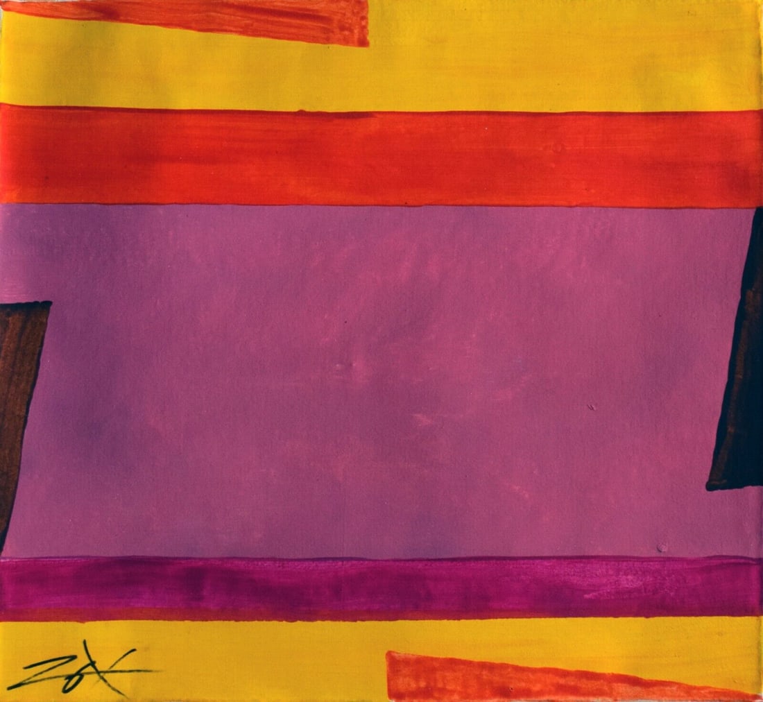 Abstract Canvas, unframed: Abstract Canvas, unframed. Featuring an abstract expressionist composition. Signed Zox on the lower right corner. Size: Approximately 42 by 41.5 centimeters."In the manner of" No supporting papers