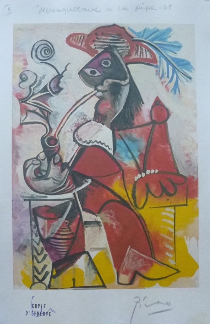 PICASSO PRINT: PICASSO PRINT. MEASURING 11 3/4 X 7 3/4 INCHES, BEARING A SIGNATURE IN PENCIL. ON THE REVERSE ARE THE PRINT DETAILS AND A FRENCH TRADE STAMP.