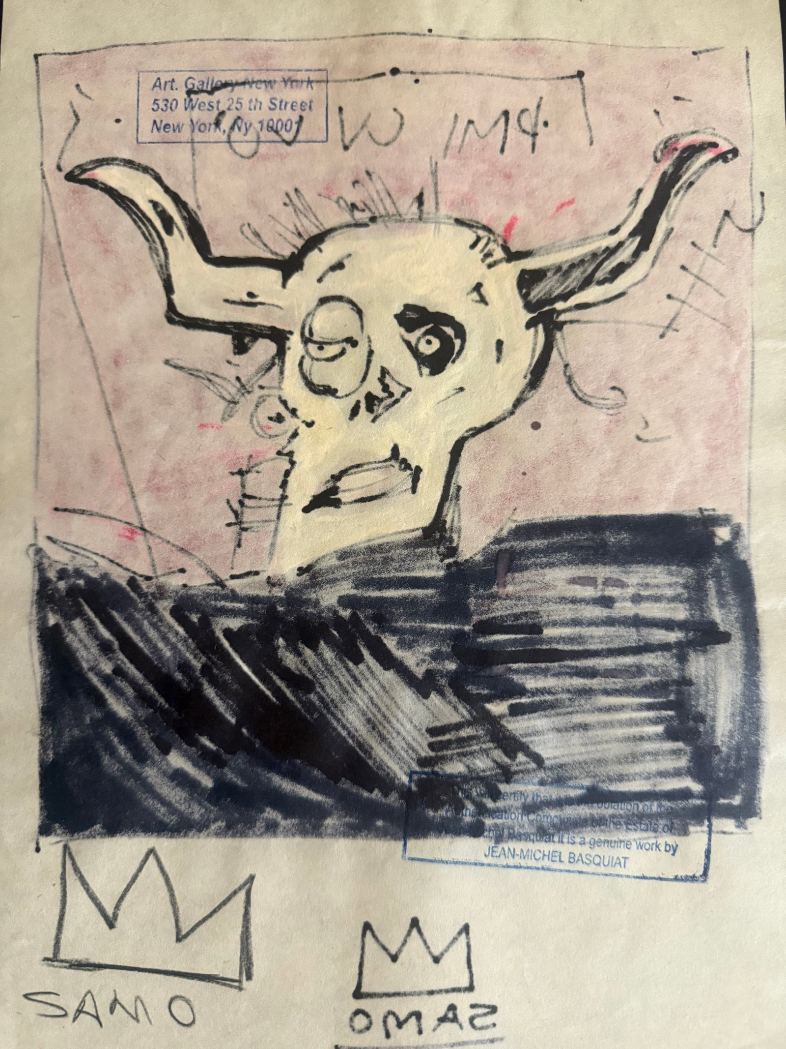 Mixed Media Basquiat on Paper: Mixed Media Basquiat on Paper. Stamp on verso. Size Framed Approx. 15X11 1/2. Paper Size Approx.: 13 x 8 1/2 inches. The drawing is being sold in the style of the artist. The piece has no formal docum