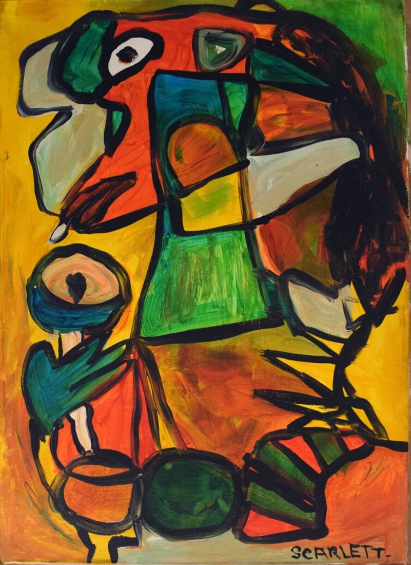 Abstract Acrylic Canvas Signed Scarlett: Abstract Acrylic Canvas Signed Scarlett, 20th Century Modern Art. approximately 57.5 by 40.5 centimeters. No COA, no supporting papers, sold "in the manner of" the artist.