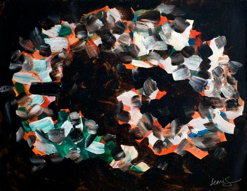 Abstract Canvas, unframed: Abstract Canvas, unframed. Featuring an abstract vintage acrylic on canvas expressionist composition. Signed Lewis in the lower right corner. Size: Approximately 35.5 by 47 centimeters. Sold "In the s