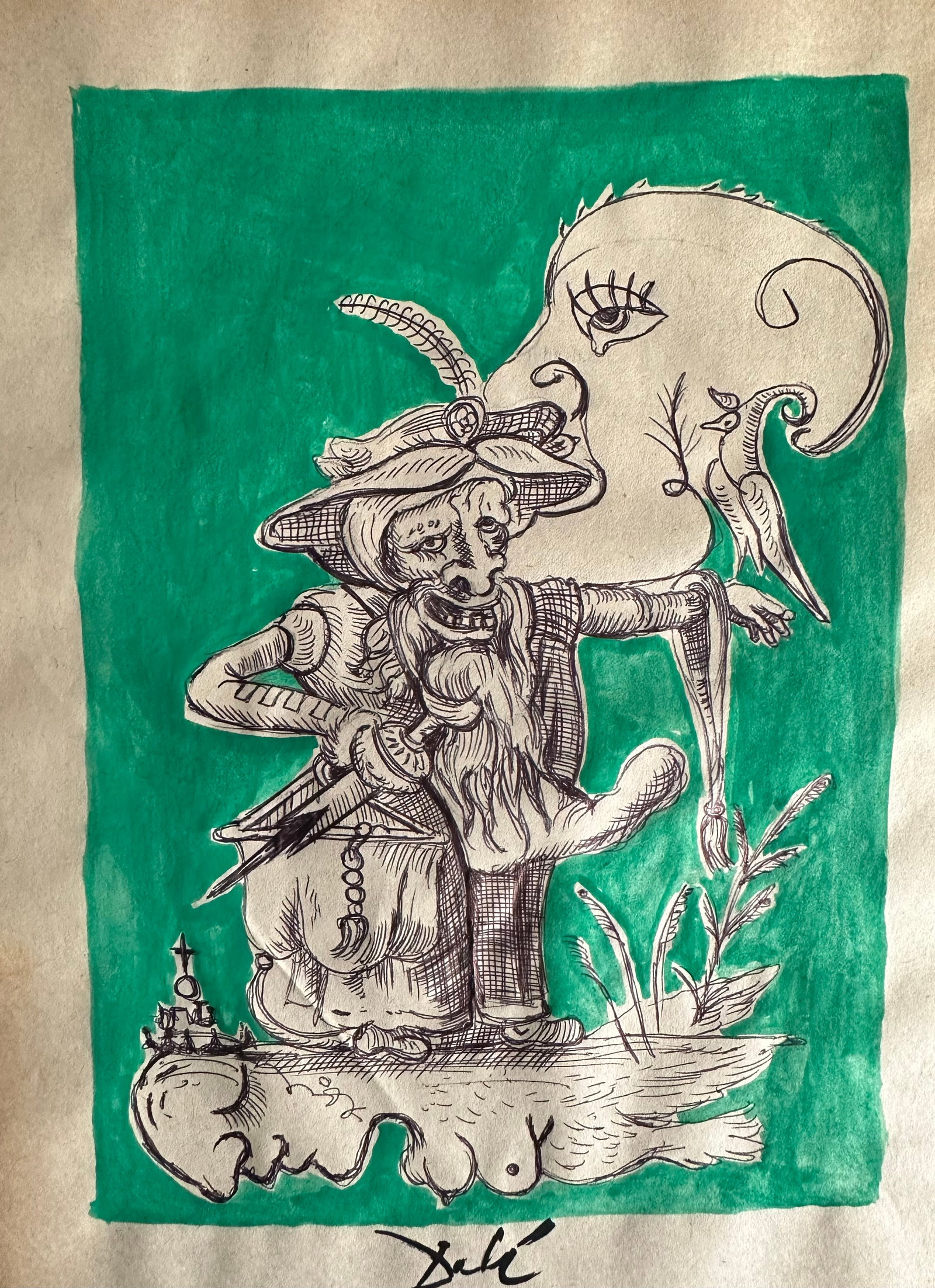 Mixed Media Salvador Dali on Paper: Mixed Media Salvador Dali on Paper.Stamp on verso. Size Unframed. Size Approx.: 13 x 8 1/2 inches. The drawing is being sold after and in the style or manner of the artist. The piece has no formal