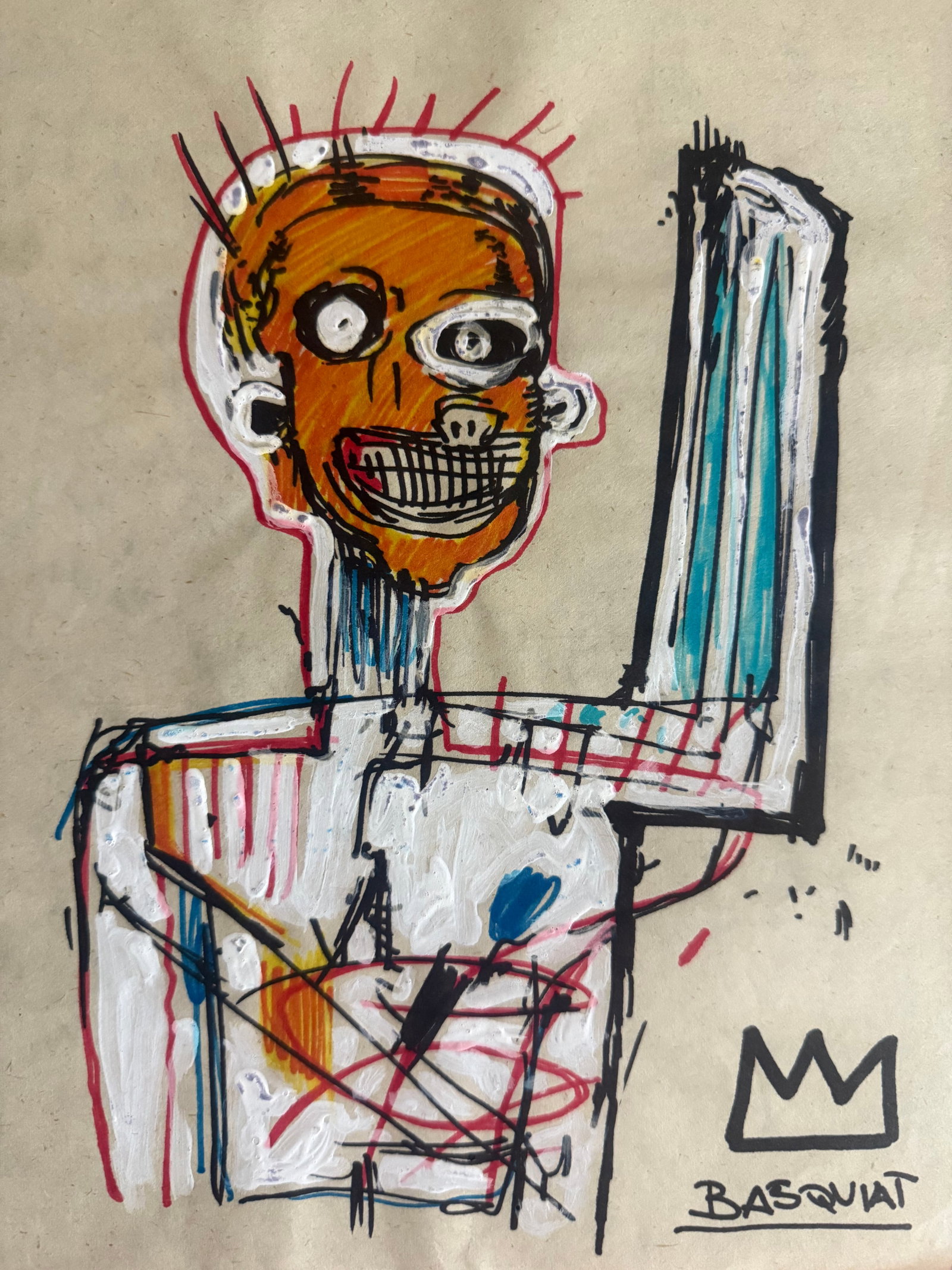 Mixed Media Basquiat on Paper: Mixed Media Basquiat on Paper. Stamp on verso. Size Framed Approx. 15X11 1/2. Paper Size Approx.: 13 x 8 1/2 inches. The drawing is being sold in the style of the artist. The piece has no formal