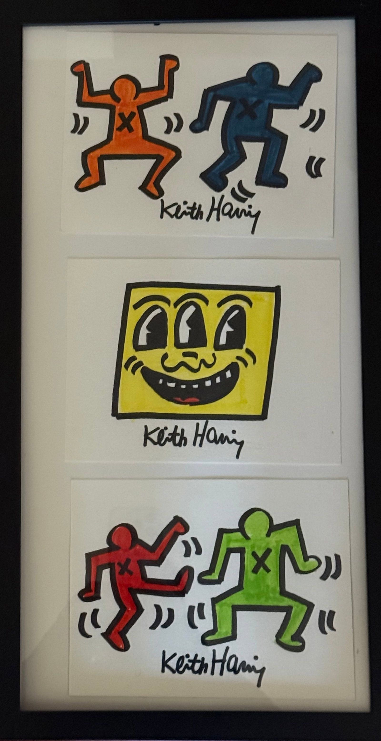 Keith Haring Drawing, Sign, and Stamp on Verso Pop Art: Keith Haring Drawing, Sign, and Stamp on Verso Pop Art on thick paper. Image Approximately Size: 6 x 4 inches. Frame Measures: 28x 11.5 inches. Private Collector, NY. This Drawing does not carry