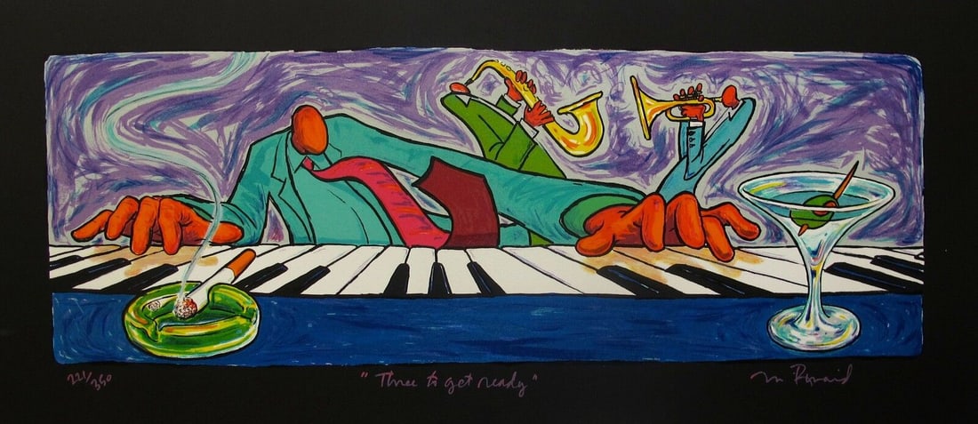Original Lithograph by Matt Rinard: This is a hand signed original lithograph by Matt Rinard titled "Three To Get Ready".This piece was hand signed by Matt Rinard himself. This subject is pencil numbered from an edition of 350. Paper