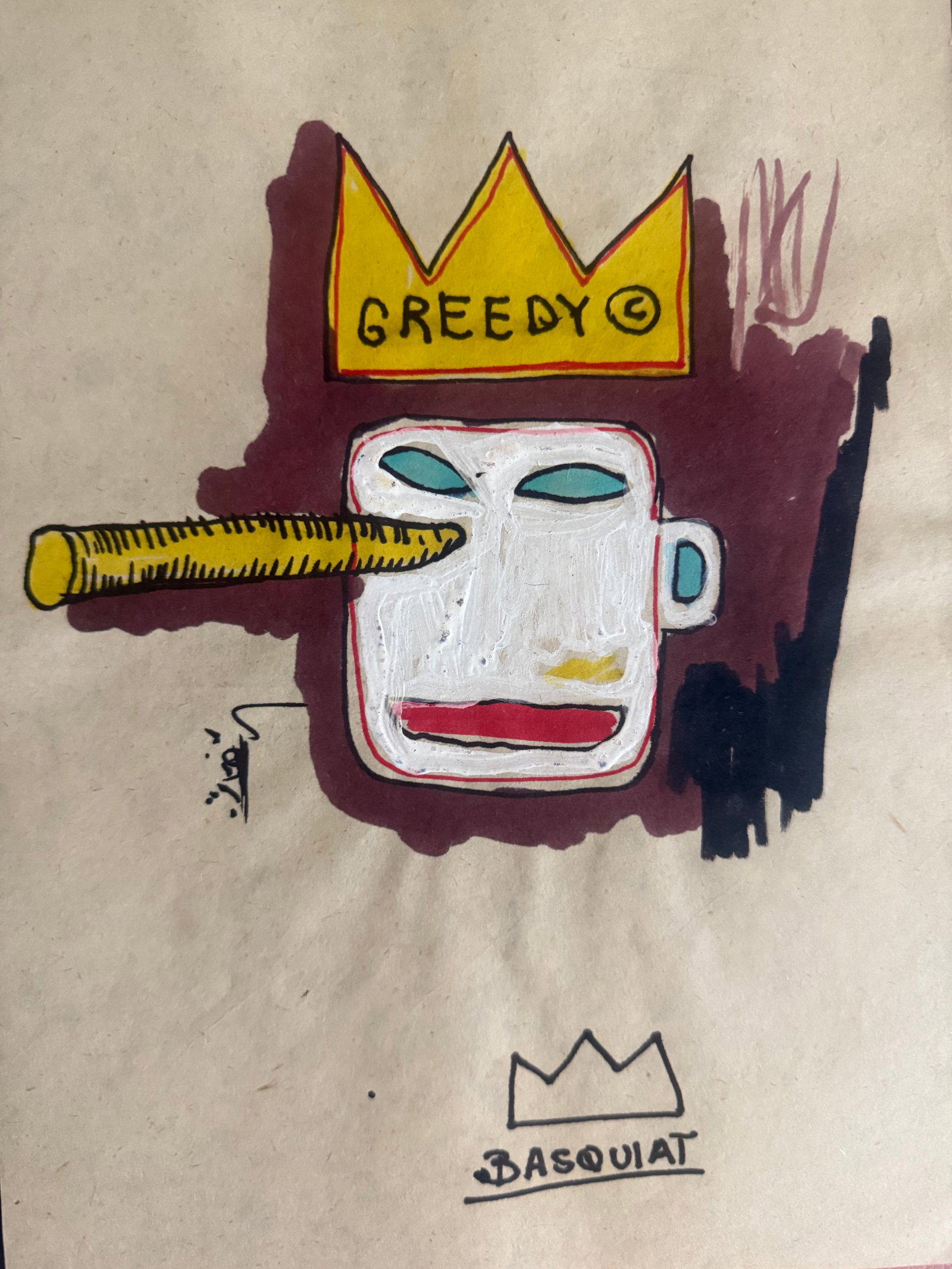 Mixed Media Basquiat on Paper: Mixed Media Basquiat on Paper. Stamp on verso. Size Framed Approx. 15X11 1/2. Paper Size Approx.: 13 x 8 1/2 inches. The drawing is being sold in the style of the artist. The piece has no formal