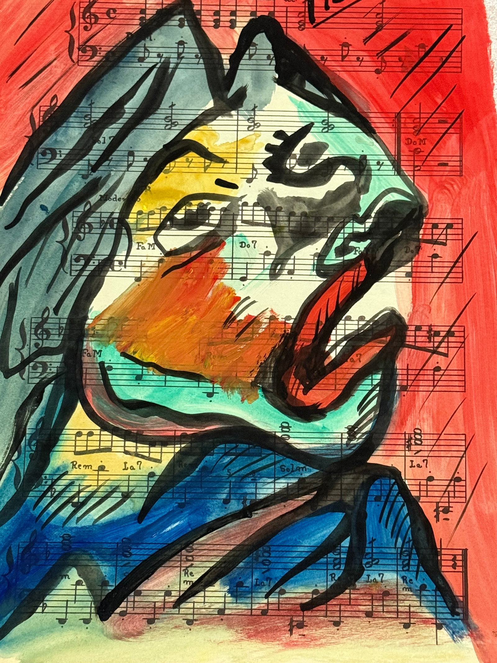 PABLO PICASSO WATERCOLOR DRAWING ON PAPER: PABLO PICASSO WATERCOLOR DRAWING ON PAPER, SIGNED AND SEALED STAMPED. Size Unframed. Size Approx.: 13 x 8 1/2 inches. The drawing is being sold after and in the style or manner of the artist. The