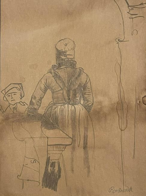 REMBRANDT (Style Of) DRAWINGS ON OLD PAPER: REMBRANDT (Style Of) DRAWINGS ON OLD PAPER SIGNED & STAMPED. Measures: 21 cm x 29.7 cm8.3 inch x 11.7 inches It does not come with any paperwork to verify its Authenticity. Unframed. Private