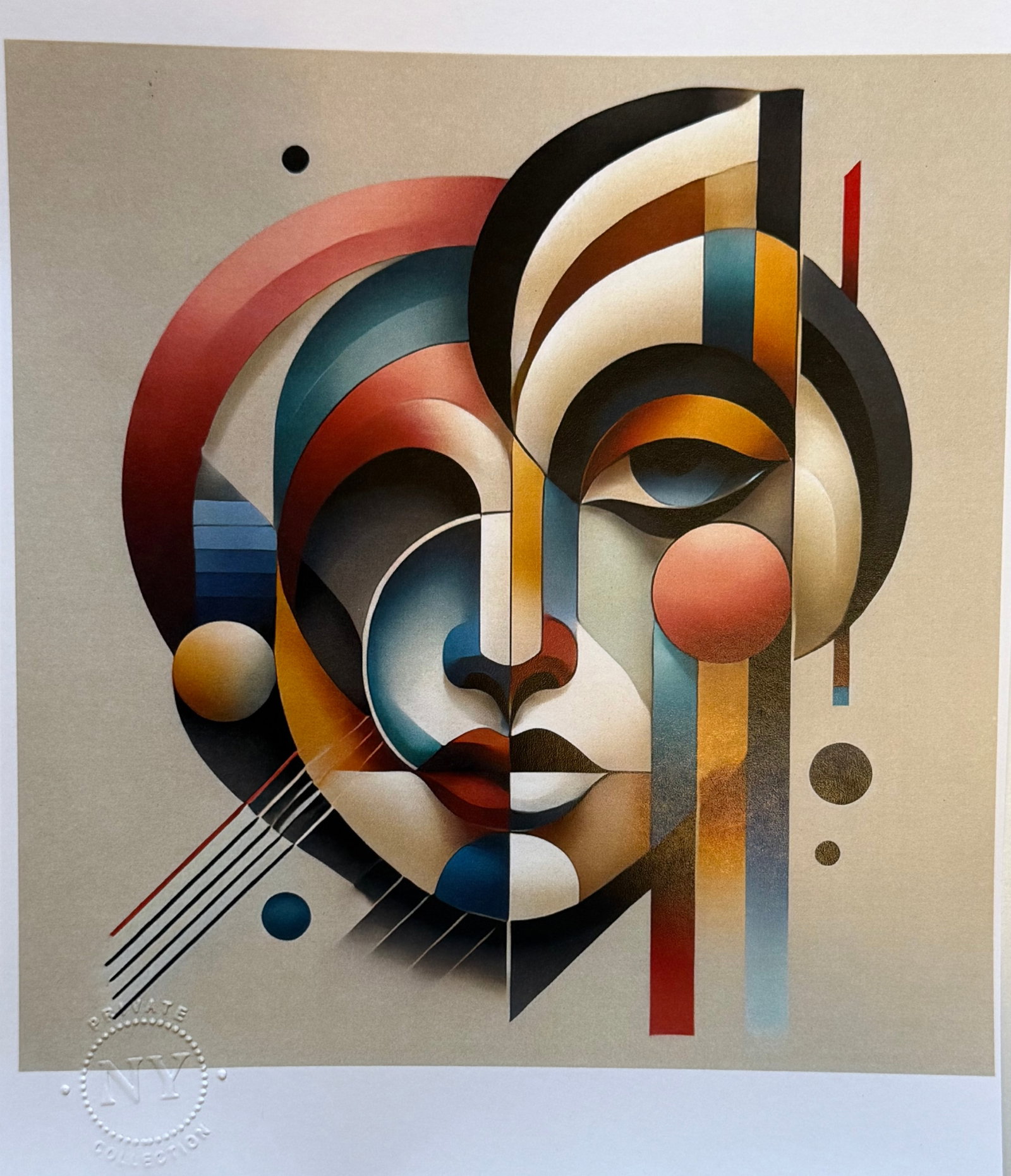 Abstract Modern Face Portrait Print: Abstract Modern Face Portrait Print, Embossed Seal Stamp, Private NY Collection. Size:8 x 10 inches.